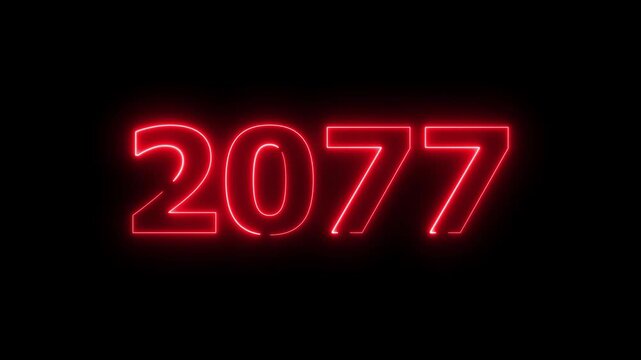 2077 Sal number neon text animation. Neon red color number new year background 4k video.