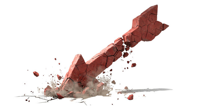 Cracked red arrow pointing down, symbolizing financial crisis and economic downturn. A broken brick arrow representing business failure and market collapse