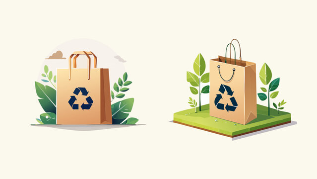 Sustainable packaging Illustrations of eco-friendly paper bags with recycling symbols, promoting environmental responsibility and conscious consumerism