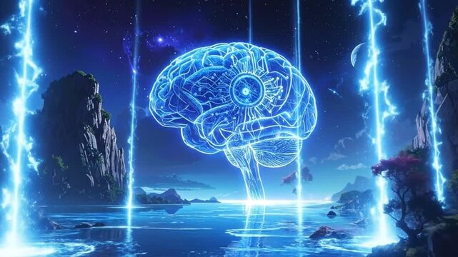 A glowing brain floats above a body of water in a beautiful landscape scene