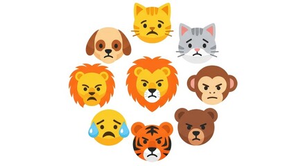 Naklejka premium Collection of animal emojis with different emotions on their faces including dog cat lion monkey bear tiger and crying face