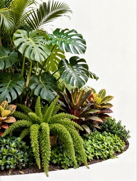 Tropical houseplant arrangement with monstera and crotons in garden bed isolated on white for interior design and commercial styling