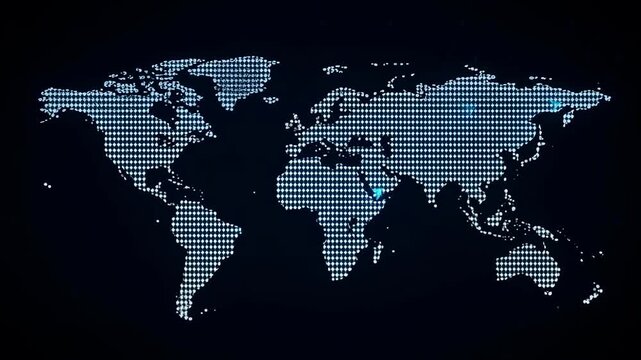 Digital dotted world map glowing on dark background.