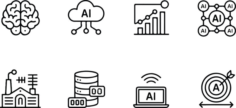  Simple black outline icon collection showing AI laptop machine learning database storage and target marketing symbols for future tech and industrial automation,