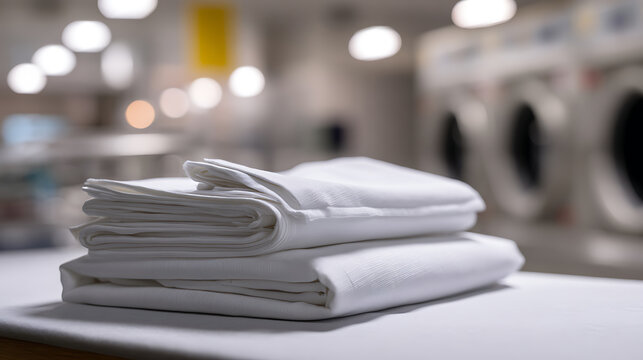 Freshly laundered white linen sheets and pillowcases neatly folded on a clean surface in a bright, modern laundry facility with machines in background