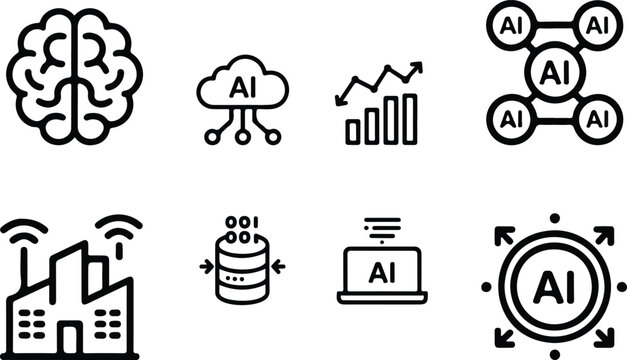  Simple black outline icon collection showing AI laptop machine learning database storage and target marketing symbols for future tech and industrial automation,