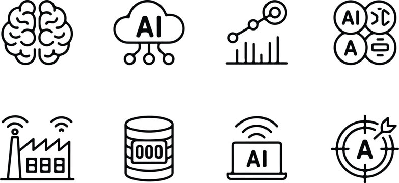  Simple black outline icon collection showing AI laptop machine learning database storage and target marketing symbols for future tech and industrial automation,