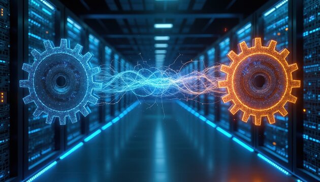 Digital twin concept. Two glowing gears connect via energy lines in data center server room. Futuristic tech, AI, and IoT integration shown.