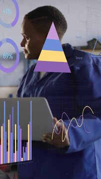 Vertical video: Tech in blue holding tablet causing charts, bars and pyramid shifting for plant ops
