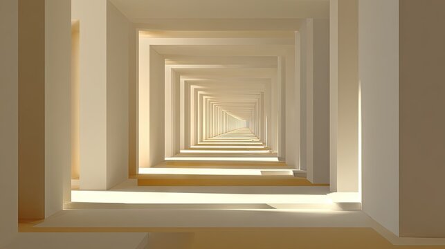 Geometric hallway perspective with diminishing rectangles in neutral tones