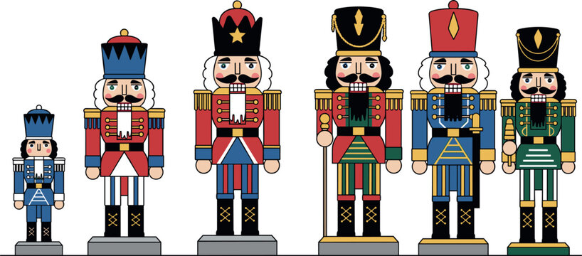 Christmas Nutcracker Toy Soldier Character Vector Collection Featuring Colorful Red Blue and Green Festive Outfits Isolated on White Background