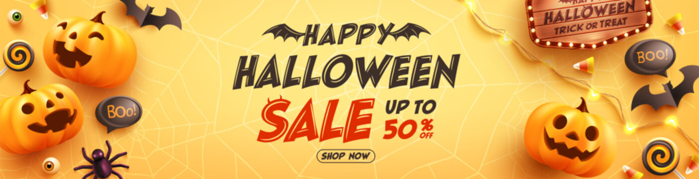 Halloween Sale Promotion Poster or banner with Ghost Pumpkin,bat,candy and Halloween Elements..Website spooky,Background or yellow banner halloween template.Vector illustration eps 10