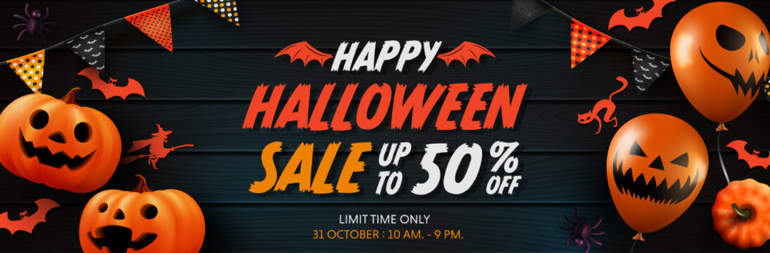Halloween Sale Promotion Poster or banner with Halloween Ghost Balloons and Pumpkin.Scary air balloons,bat and Halloween Elements.Website spooky,Background or banner Halloween template.