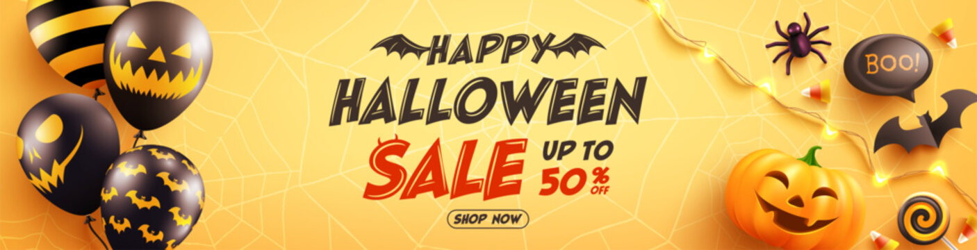 Halloween Sale Promotion Poster with Halloween Ghost Balloons and Pumpkin. Scary air balloons,bat,candy and Halloween Elements on yellow background