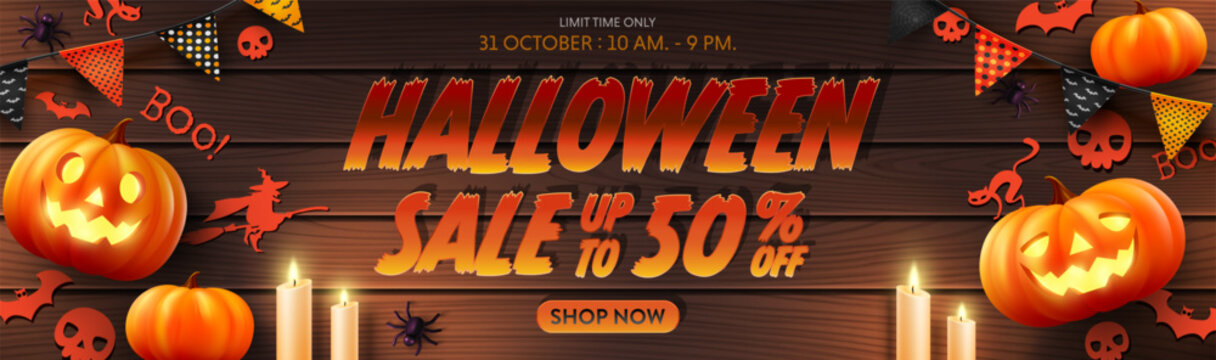 Vector of Halloween Sale Promotion Poster or banner with Halloween Pumpkin,Ghost,Candlelight,buntings and Halloween Elements.Website spooky,Background or banner Halloween template.