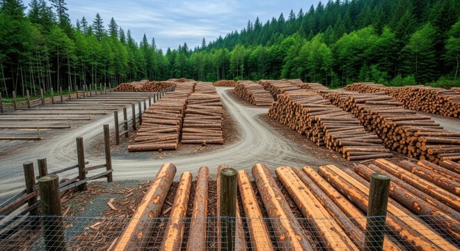 Abundant timber logs stacked in parallel rows at a sawmill yard with a dense evergreen forest in the background