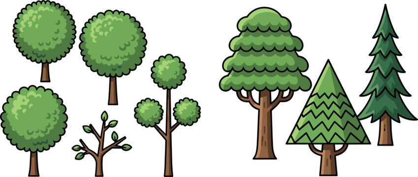 Green Tree Vector Illustration Set Featuring Deciduous Round Canopies Pine Cones Fir Trees and Sapling Branches for Game Landscape Graphics