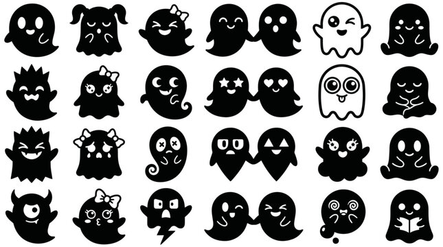 Cute ghost silhouettes on a white background, a collection of charming and friendly ghost icons, perfect for Halloween and spooky themes