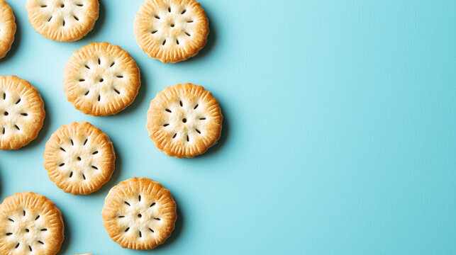 Crispy round crackers arranged on blue background create delightful and inviting snack display