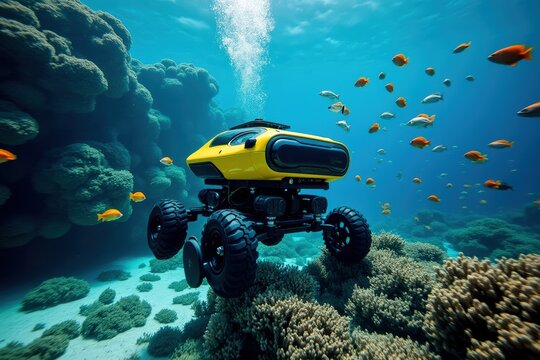 Underwater robot exploring vibrant coral reef with tropical fish in clear ocean waters