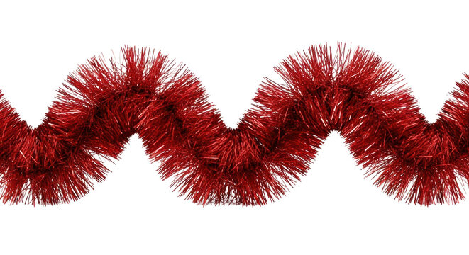 a vibrant, crimson red metallic christmas tinsel garland, densely woven and sparkling, arranged in an elegant wave shape, isolated on a transparent background with ample copy space. concept for
