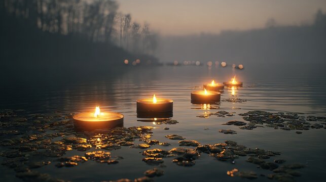 Floating candles on misty lake, soft glow
