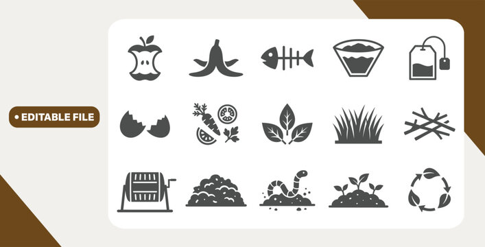 Organic waste and compost icons arranged in grid on white background