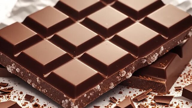 Delicious chocolate bar with pieces on white paper background for dessert