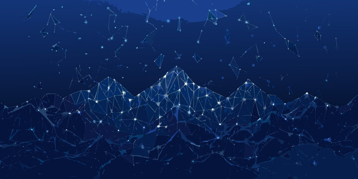low poly mountain range illustration with geometric lines and glowing nodes dark blue