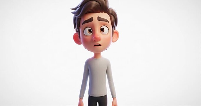 Animated male character expressing confusion or doubt on white backdrop