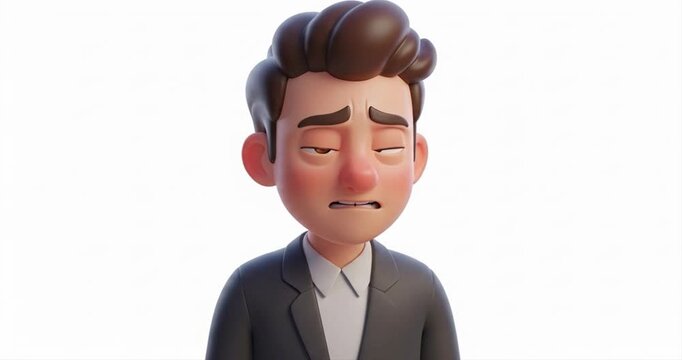 Animated male character expressing doubt anxiety uncertainty on white background