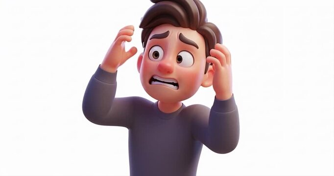 Animated male character expressing fear on white background