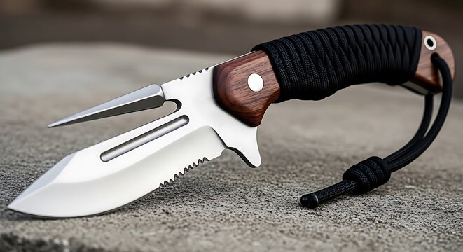 Survival knife with wooden handle and paracord wrap on stone surface in natural light