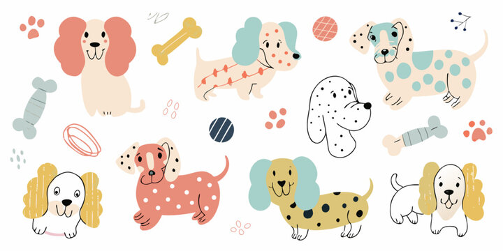 hand drawn dog breeds collection with bones and toys colorful illustration