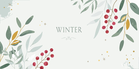 watercolor winter floral arrangement with berries and leaves on a pale background © Pabitra
