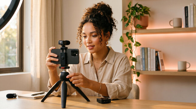 Young woman adjusting smartphone on tripod for video content creation at home desk