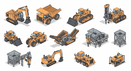 Collection of isometric construction and mining heavy machinery and equipment, isolated on white background. © Buka
