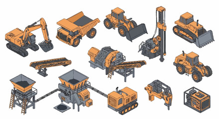 Collection of isometric construction and mining heavy machinery and equipment. © Buka