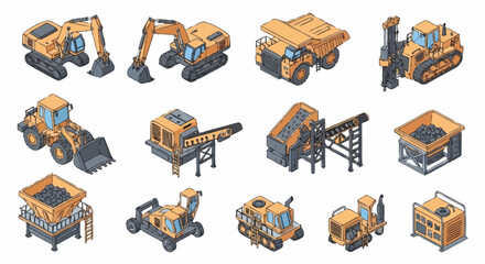 Collection of isometric construction and mining heavy machinery and equipment on a white background. © Buka