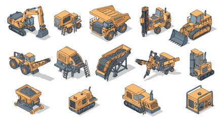 Collection of isometric construction and mining heavy machinery and vehicles, isolated on white background. © Buka