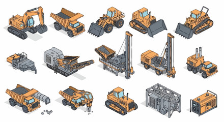 Collection of isometric construction and mining vehicles and machinery, isolated on white background. © Buka