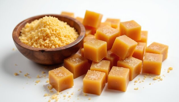 Golden brown jaggery cubes and granular sweetener in wooden bowl on white surface. Natural sweet food ingredient, organic sugar alternative. Healthy dessert, sweetener.