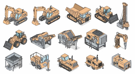 Collection of isometric construction and heavy machinery vehicles, including excavators, dump trucks, bulldozers, and drilling equipment. © Buka