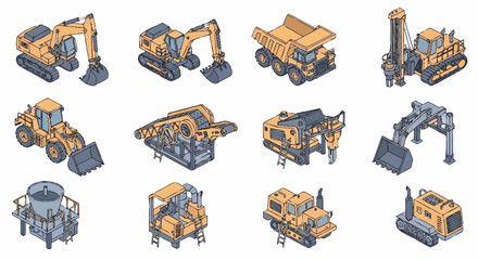 Collection of isometric construction and mining heavy machinery vehicles, including excavators, dump trucks, and drilling rigs. © Buka