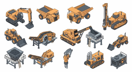 Collection of isometric construction and mining heavy machinery and equipment, isolated on white background. © Buka