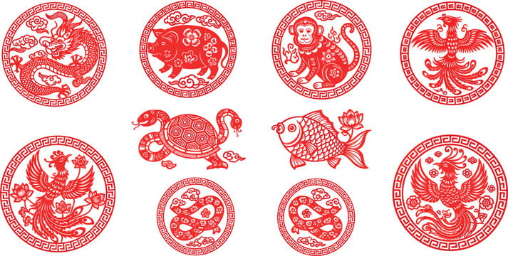 Traditional Chinese Paper Cutting Vector Set Featuring Red Circular Jianzhi Motifs of Zodiac Animals, Mythical Creatures, and Auspicious Koi Fish
