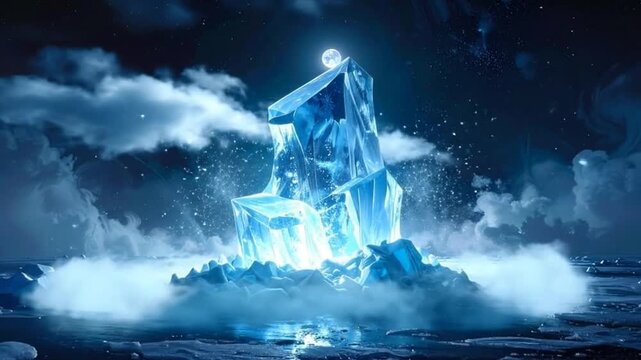 A glowing crystal formation on a landscape under a full moon at night