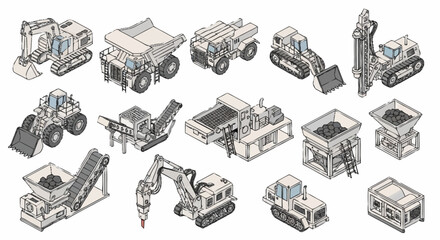 Collection of isometric construction and mining heavy machinery and equipment, isolated on white background. © Buka