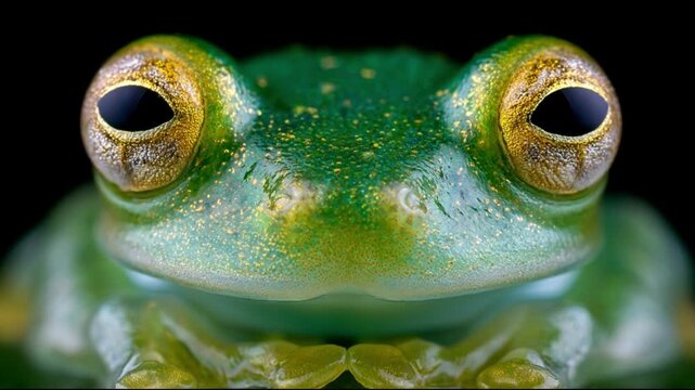 Mesmerizing Close-Up of a Vibrant Green Glass Frog with Striking Golden Eyes on a Dark Background