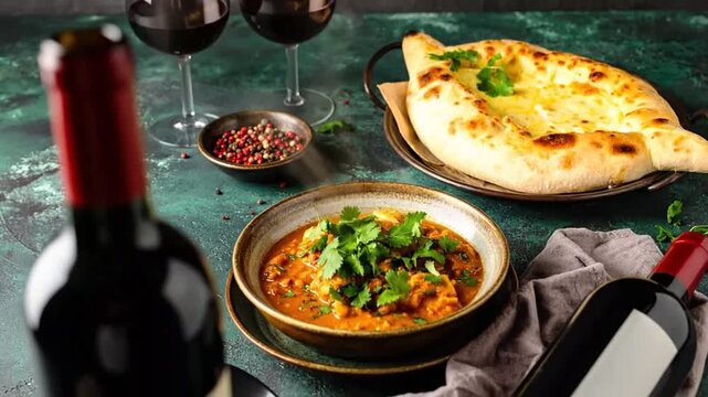 Delicious meal with bread, soup and wine on a rustic, textured surface